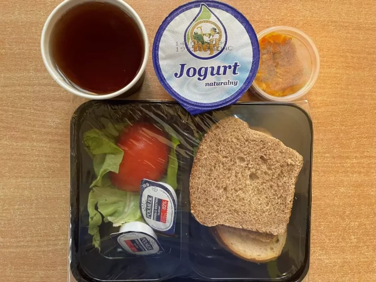 Śniadanie: dieta podstawowa (Chorzów) 
Chleb mieszany pszenno-żytni – chleb graham – masło – pasta z gotowanej ryby i warzyw – pomidor – sałata zielona – jogurt naturalny – herbata czarna

A:1, 4, 7, 9
