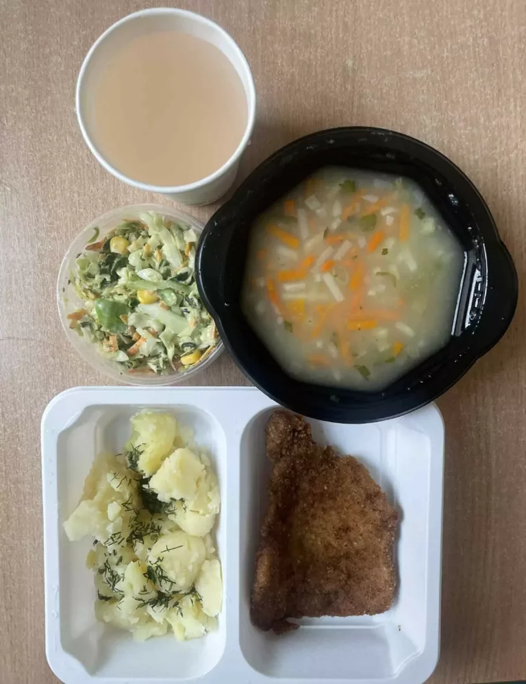 Obiad: dieta podstawowa (Chorzów, Sosnowiec) 
Grysikowa – kotlet schabowy panierowany, pieczony – surówka z białej kapusty – ziemniaki – kompot
A: GLU, JAJ, SEL 
