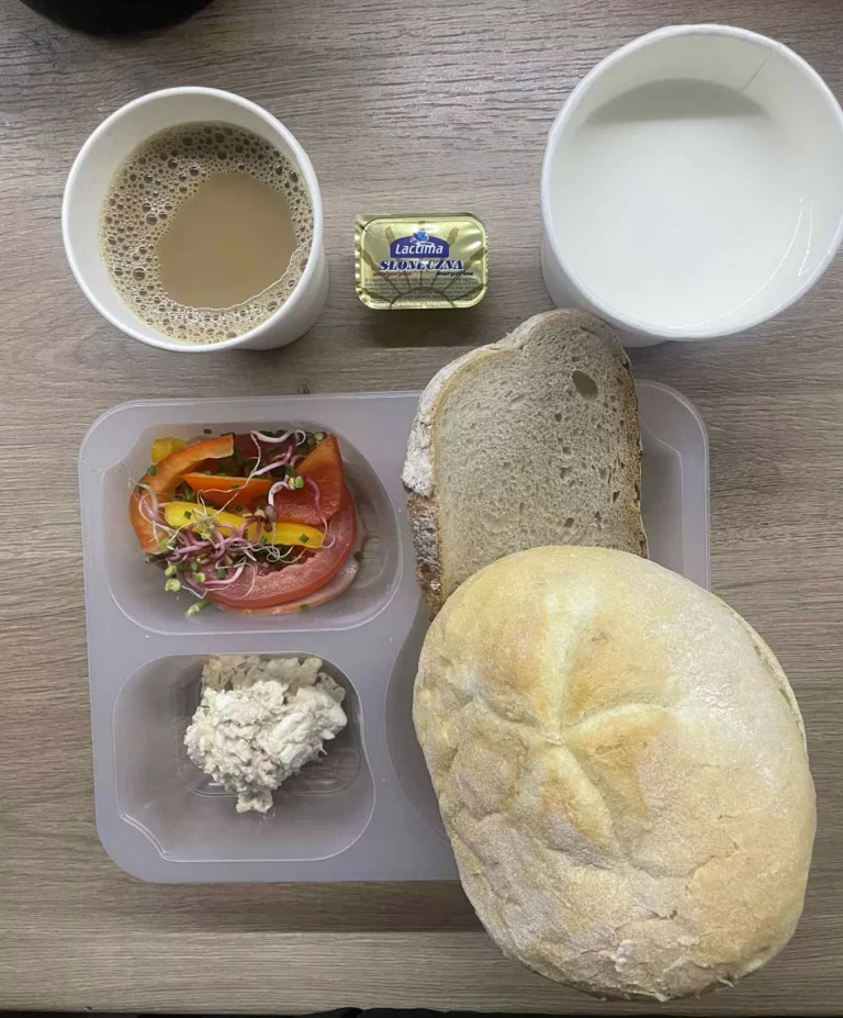 Śniadanie: dieta podstawowa (Chorzów, Sosnowiec) 
Zupa mleczna z kaszą orkiszową – kawa zbożowa – chleb śląski – kajzerka – margaryna – pasta jajeczna z koperkiem – szynka rzeźnika – pomidor –kiełki – ogórek – papryka -  sałata
A: GLU, JAJ, SOJ, MLE, SEL, GOR 
